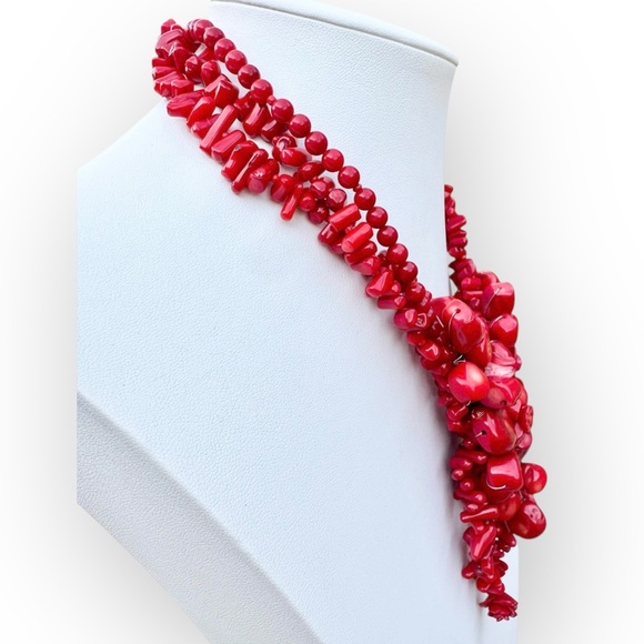 Carved Red Coral Flower Garland Collar 3-Strand Necklace - Picture 8 of 11